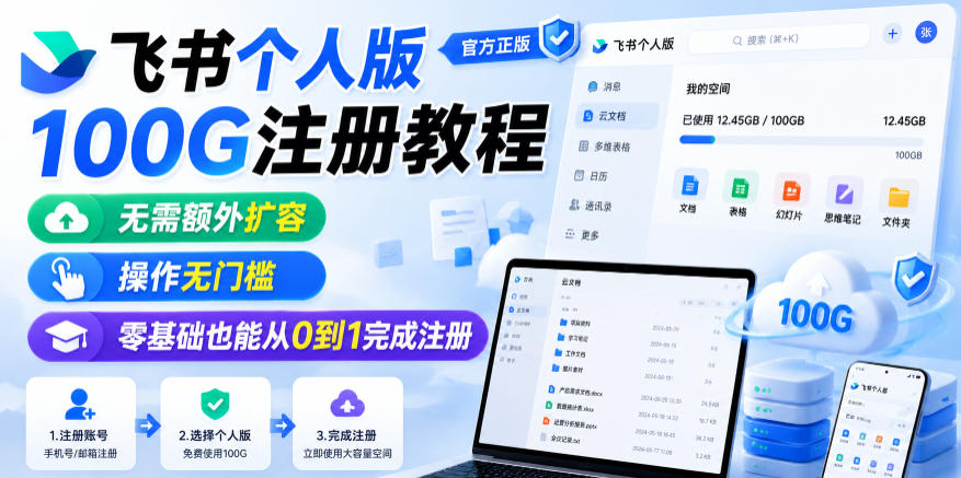 飞书个人版100G注册教程,无需额外扩容,操作无门槛,零基础也能从0到1完成注册-翌晨科技网