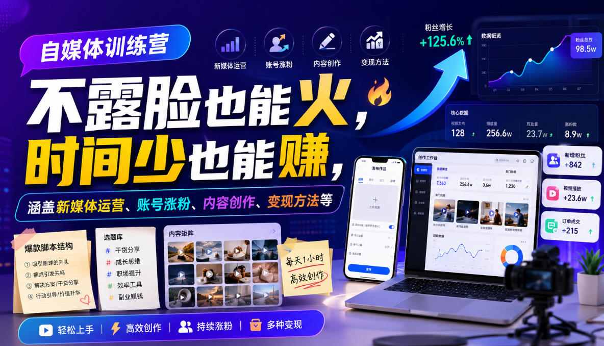 自媒体训练营，不露脸也能火，时间少也能賺，涵盖新媒体运营、账号涨粉、内容创作、变现方法等-翌晨科技网