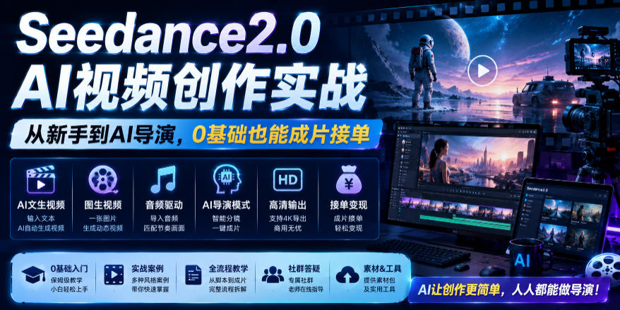 Seedance2.0 AI视频创作实战，从新手到AI导演，0基础也能成片接单变现-翌晨科技网