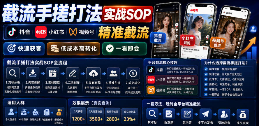 截流手搓打法实战SOP，抖音小红书视频号精准截流，快速获客，低成本高转化，一看即会-翌晨科技网