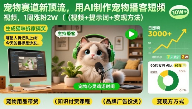 宠物赛道新顶流，用AI制作宠物播客短视频，1周涨粉2W（视频+提示词+变现方法）-翌晨科技网