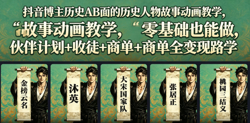 抖音博主历史AB面的历史人物故事动画教学，零基础也能做，伙伴计划+收徒+商单全变现路径教学-翌晨科技网
