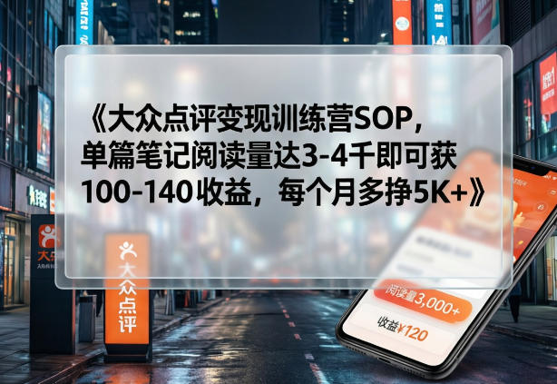 大众点评变现训练营SOP，单篇笔记阅读量达3-4千即可获100-140收益，每个月多挣5K+-翌晨科技网