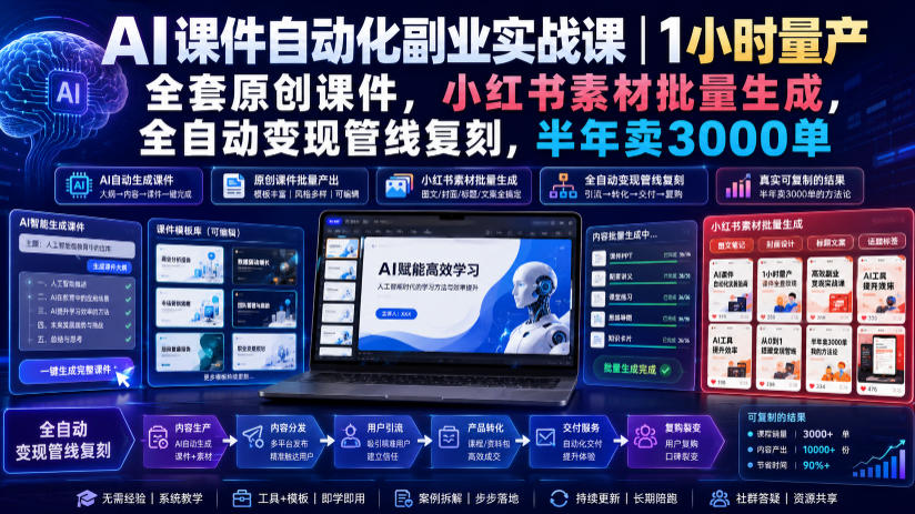 AI课件自动化副业实战课｜1小时量产全套原创课件，小红书素材批量生成，全自动变现管线复刻，半年卖3000单-翌晨科技网