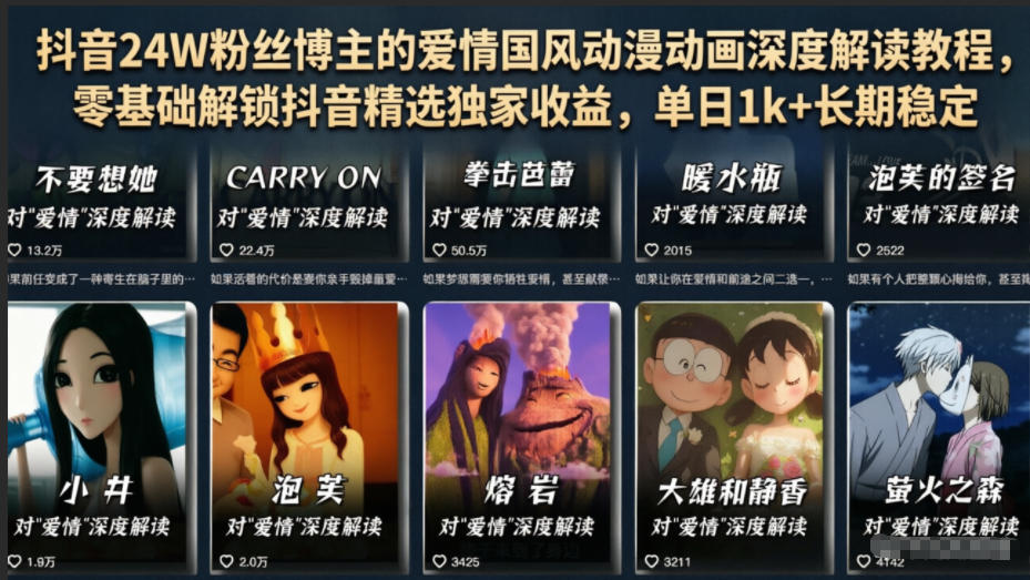 抖音24W粉丝博主的爱情国风动漫动画深度解读教程，零基础解锁抖音精选独家收益，单日1k+长期稳定-翌晨科技网