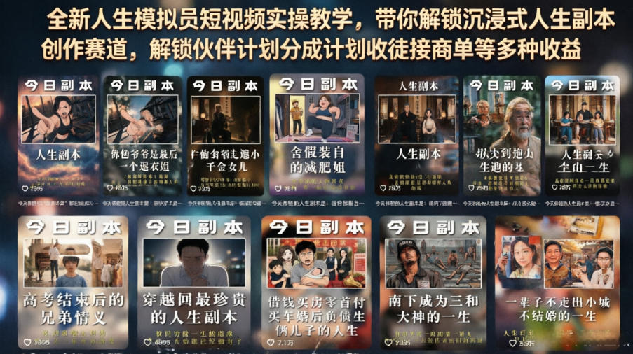 全新人生模拟员短视频实操教学，带你解锁沉浸式人生副本创作赛道，解锁伙伴计划分成计划收徒接商单等多种收益-翌晨科技网