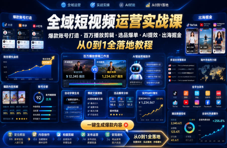 全域短视频运营实战课，爆款账号打造・百万播放剪辑・选品爆单・AI提效・出海掘金，从0到1全落地教程-翌晨科技网