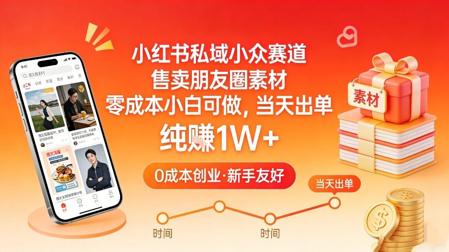 小红书私域小众赛道，售卖朋友圈素材，零成本小白可做，当天出单，月入1W+-翌晨科技网