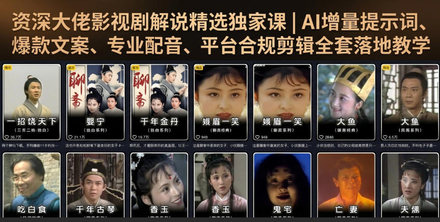 资深大佬影视剧解说精选独家课｜AI增量提示词、爆款文案、专业配音、平台合规剪辑全套落地教学-翌晨科技网