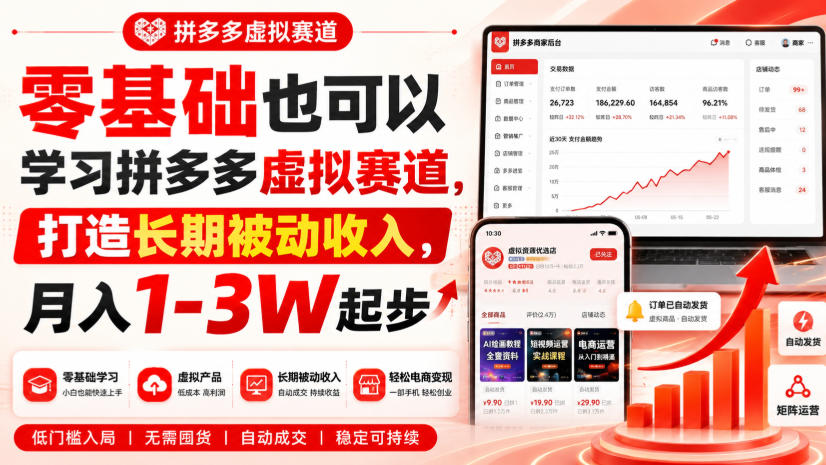 零基础也可以学习拼多多虚拟赛道，打造长期被动收入，月入1-3W起步-翌晨科技网