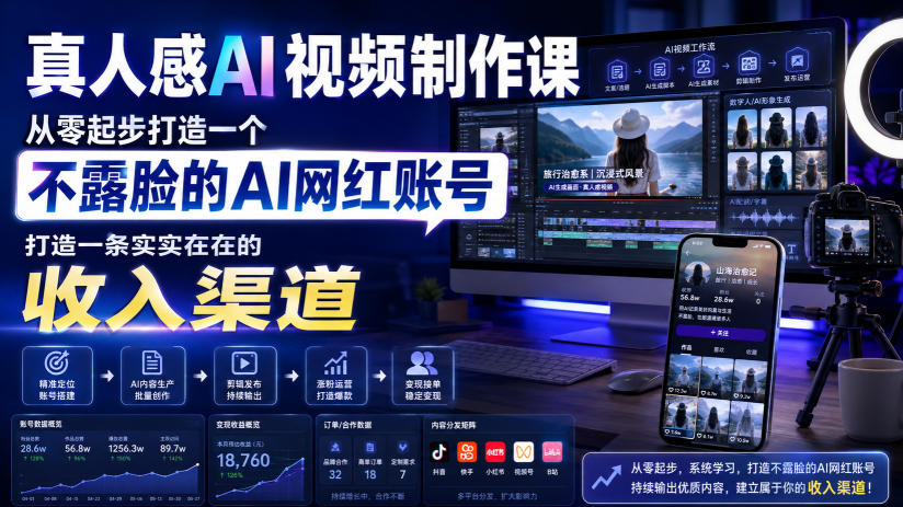 真人感AI视频制作课，从零起步打造一个不露脸的AI网红账号，打造一条实实在在的收入渠道【原创双语字幕】-翌晨科技网