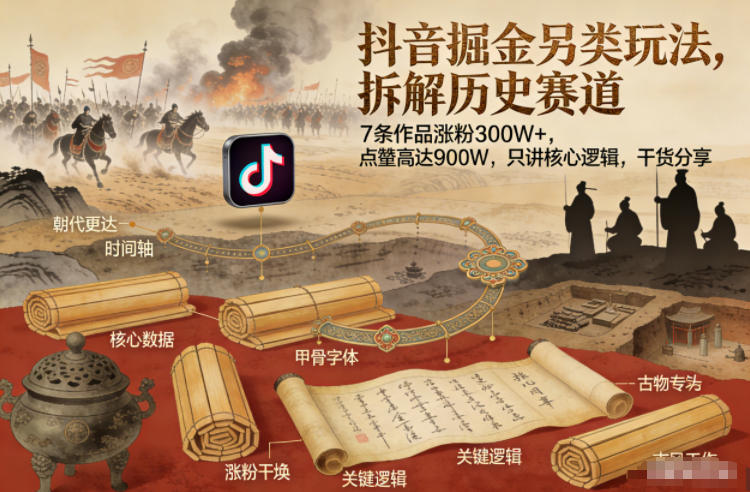 抖音掘金另类玩法，拆解历史赛道，7条作品涨粉300W+，点赞量高达900W，只讲核心逻辑，干货分享-翌晨科技网