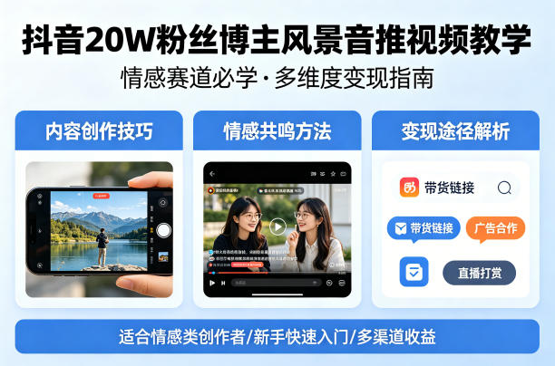 抖音20W粉丝博主风景音推视频教学，情感赛道必学，各种变现途径-翌晨科技网