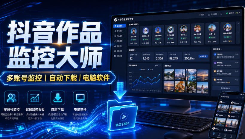 抖音作品监控大师，多账号监控丨自动下载丨电脑软件-翌晨科技网