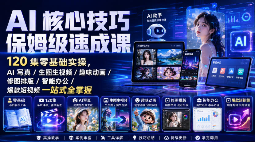AI核心技巧保姆级速成课｜120集零基础实操，AI写真/生图生视频/趣味动画/修图排版/智能办公/爆款短视频一站式全掌握-翌晨科技网