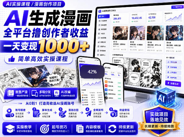 AI生成漫画全平台撸创作者收益内部课程，实操最高单日变现1k+-翌晨科技网