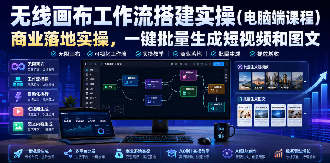 无线画布工作流搭建实操（电脑端课程），商业落地实操，一键批量生成短视频和图文-翌晨科技网