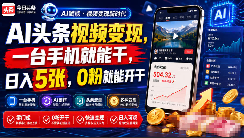 AI头条视频变现，一台手机就能干，日入5张，0粉就能开干-翌晨科技网