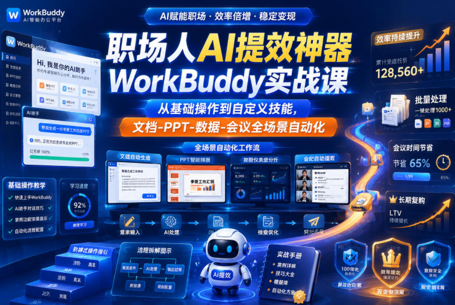职场人AI提效神器WorkBuddy实战课，从基础操作到自定义技能，文档-PPT-数据-会议全场景自动化-翌晨科技网