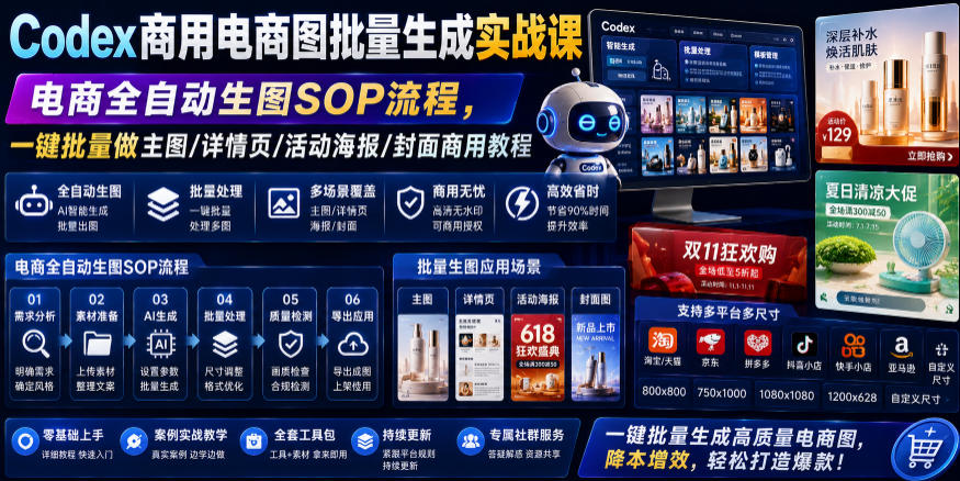 Codex商用电商图批量生成实战课｜电商全自动生图SOP流程，一键批量做主图/详情页/活动海报/封面商用教程-翌晨科技网
