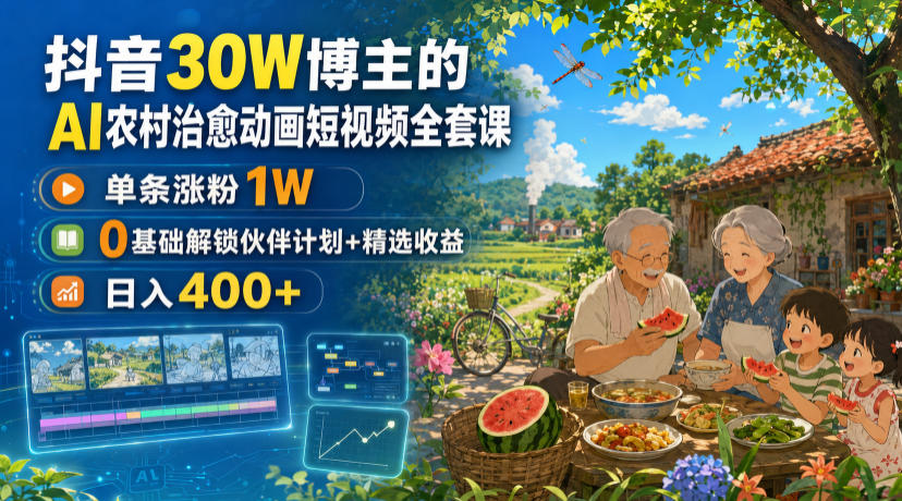抖音30W博主的AI农村治愈动画短视频全套课｜单条涨粉1W，0基础解锁伙伴计划+精选收益，日入400+-翌晨科技网
