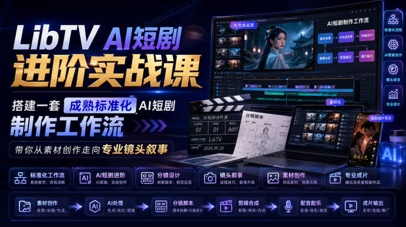 LibTV AI短剧进阶实战课，搭建一套成熟标准化AI短剧制作工作流，带你从素材创作走向专业镜头叙事-翌晨科技网