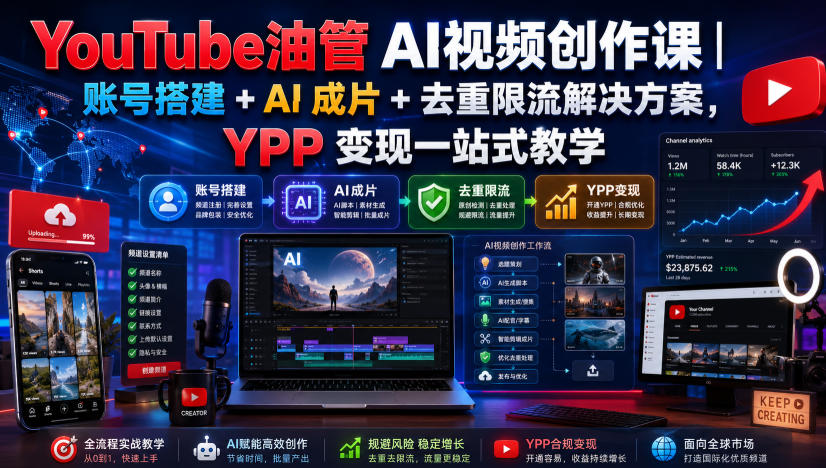 YouTube油管AI视频创作课｜账号搭建+AI成片+去重限流解决方案，YPP变现一站式教学-翌晨科技网