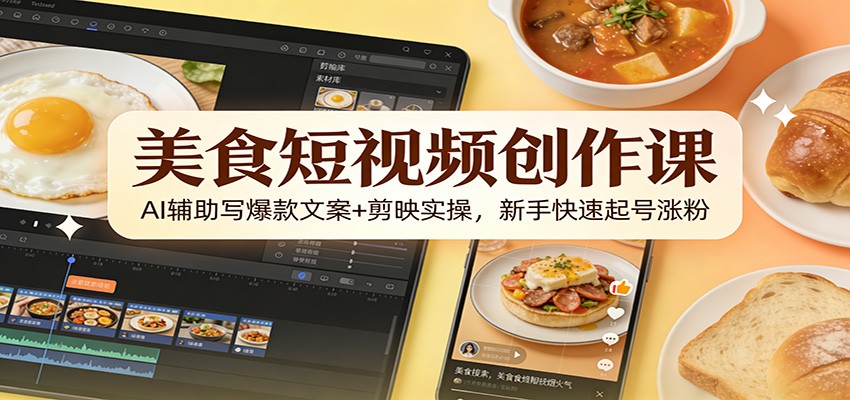 美食短视频创作课：AI辅助写爆款文案+剪映实操，新手快速起号涨粉-翌晨科技网