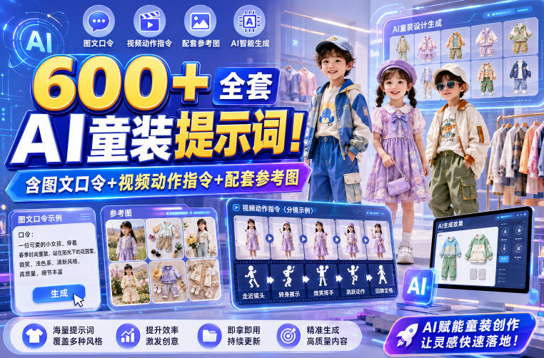 600+全套AI童装提示词！含图文口令+视频动作指令+配套参考图，Word-Excel规整分类，童装电商、种草无脑量产内容！-翌晨科技网