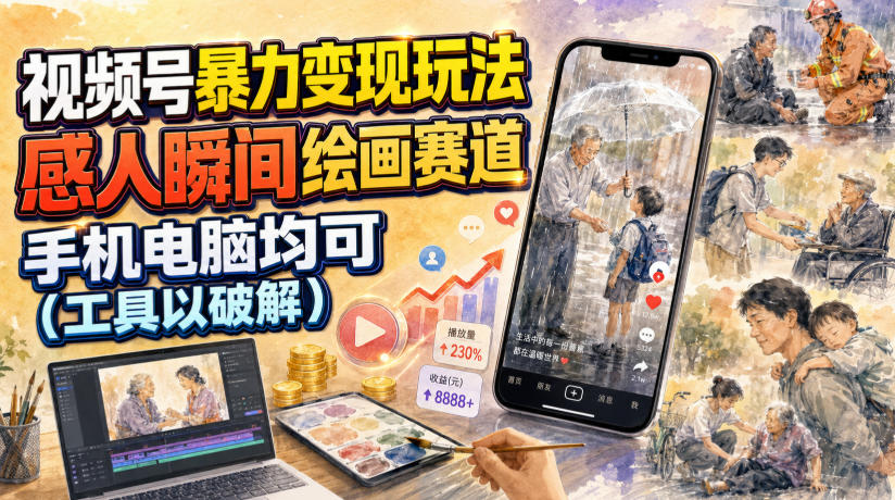 视频号暴力变现玩法，感人瞬间绘画赛道，手机电脑均可-翌晨科技网