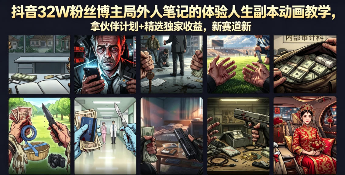 抖音32W粉丝博主局外人笔记的体验人生副本动画教学，拿伙伴计划+精选独家收益，新赛道新涨粉快【录制版】-翌晨科技网