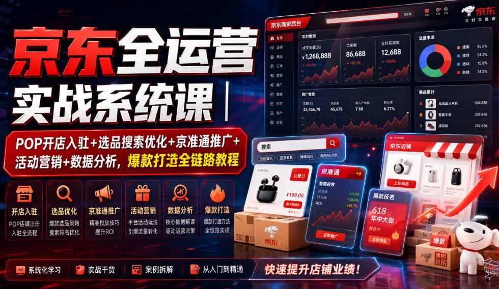 京东全运营实战系统课｜POP开店入驻+选品搜索优化+京准通推广+活动营销+数据分析，爆款打造全链路教程-翌晨科技网