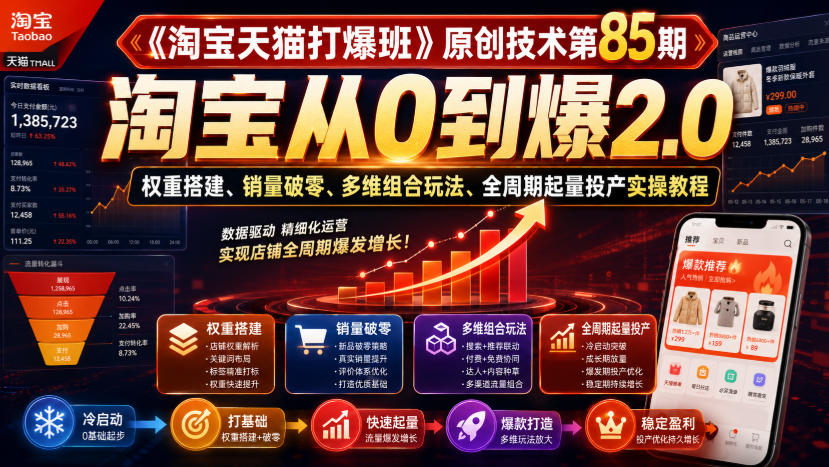 《淘宝天猫打爆班》原创技术第85期，淘宝从0到爆2.0，权重搭建、销量破零、多维组合玩法、全周期起量投产实操教程-翌晨科技网