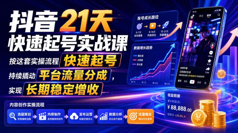 抖音21天快速起号实战课，按这套实操流程快速起号，持续撬动平台流量分成，实现长期稳定增收-翌晨科技网