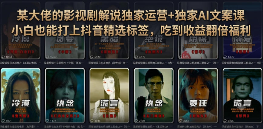 某大佬的影视剧解说独家运营+独家AI文案课，小白0粉丝也能快速打上抖音精选标签、吃到收益翻倍福利-翌晨科技网