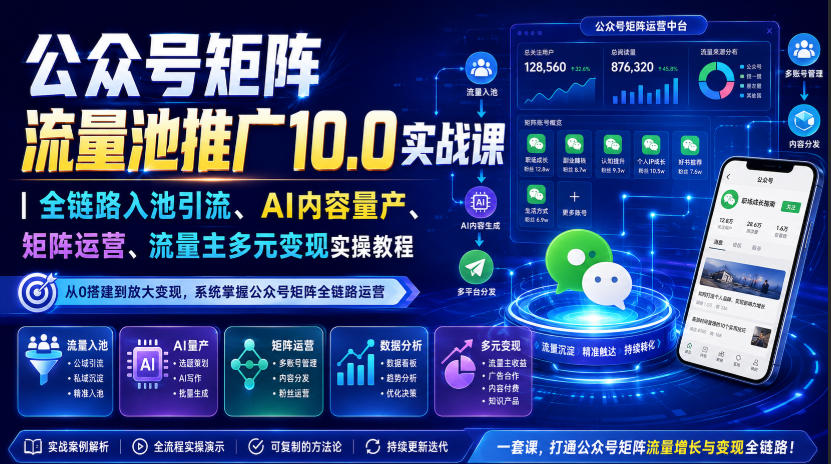 公众号矩阵流量池推广10.0实战课｜全链路入池引流、AI内容量产、矩阵运营、流量主多元变现实操教程-翌晨科技网