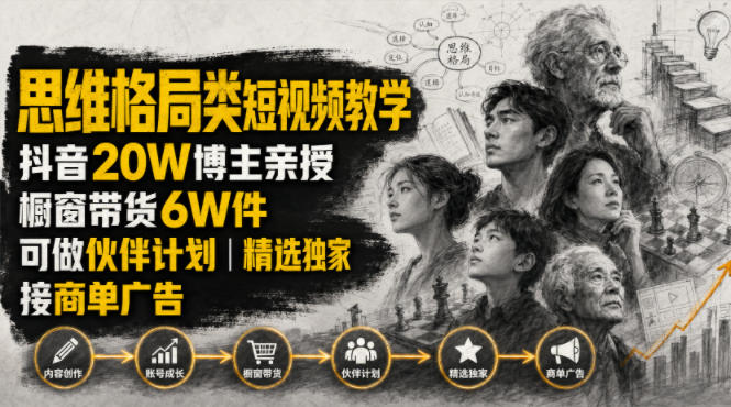 人性思维格局类短视频教学,抖音20W博主亲授,橱窗带货6W件,可做伙伴计划、精选独家、接商单广告-翌晨科技网