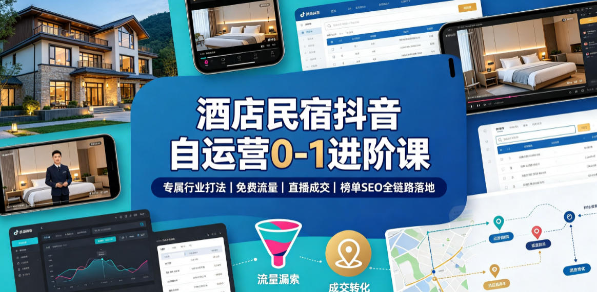 酒店民宿抖音自运营0-1进阶课｜专属行业打法、免费流量+直播成交+榜单SEO全链路落地-翌晨科技网