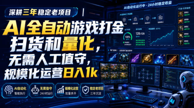 全自动游戏打金和皮肤扫货，规模化运营日入10张，深耕三年稳定老项目！-翌晨科技网
