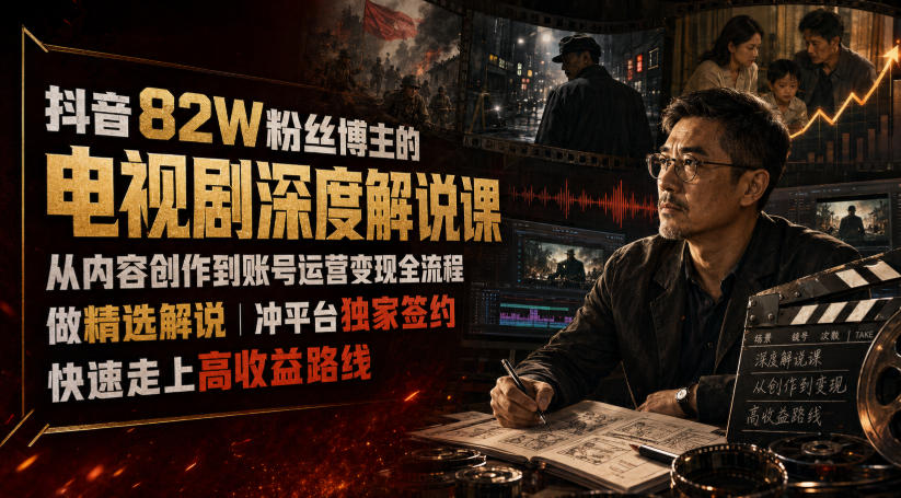 抖音82W粉丝博主的电视剧深度解说课，从内容创作到账号运营变现全流程，做精选解说，冲平台独家签约，快速走上高收益路线-翌晨科技网