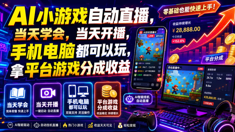 AI小游戏自动直播，当天学会，当天开播，手机电脑都可以玩，拿平台游戏分成收益-翌晨科技网
