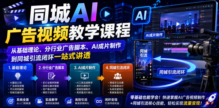 同城AI广告视频教学课程，从基础理论、分行业广告脚本、AI成片制作到同城引流闭环一站式讲透-翌晨科技网