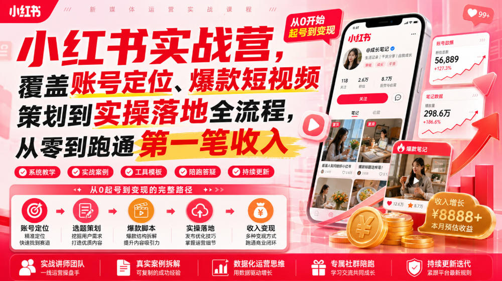 小红书实战营，覆盖账号定位、爆款短视频策划到实操落地全流程，从零到跑通第一笔收入-翌晨科技网