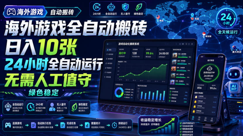 海外游戏全自动搬砖，日入10张，24小时全自动运行，无需人工值守，绿色稳定！【揭秘】-翌晨科技网