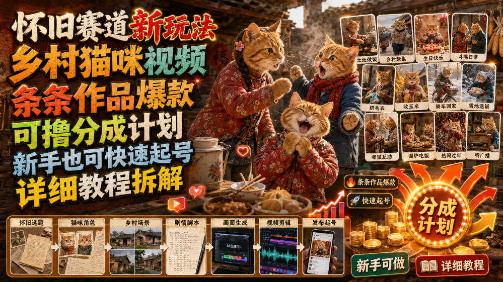 怀旧赛道新玩法,乡村猫咪视频,条条作品爆款,可撸分成计划,新手也可快速起号,详细教程拆解-翌晨科技网