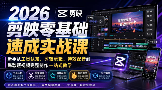 2026剪映零基础速成实战课｜新手从工具认知、剪辑剪辑、特效配音到爆款短视频完整制作一站式教学-翌晨科技网