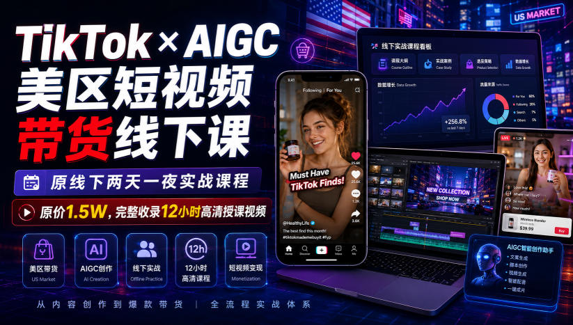 TikTok×AIGC美区短视频带货线下课，原线下两天一夜实战课程，原价1.5W，完整收录12小时高清授课视频-翌晨科技网