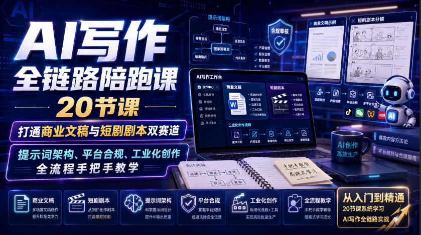 AI写作全链路陪跑课｜20节课打通商业文稿与短剧剧本双赛道，提示词架构、平台合规、工业化创作全流程手把手教学-翌晨科技网