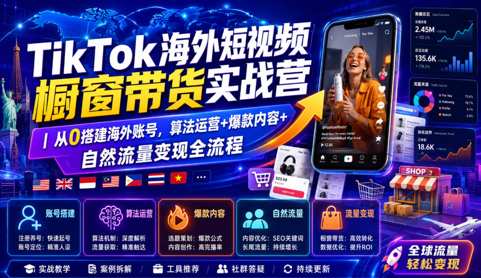 TikTok海外短视频橱窗带货实战营｜从0搭建海外账号，算法运营+爆款内容+自然流量变现全流程-翌晨科技网
