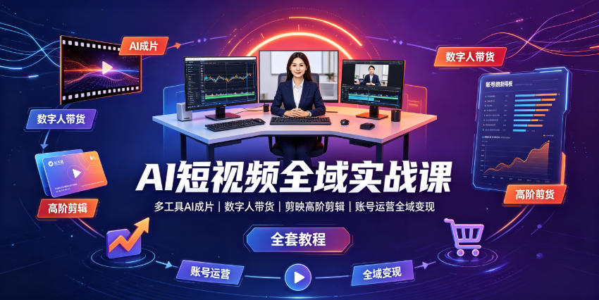 AI短视频全域实战课｜多工具AI成片、数字人带货、剪映高阶剪辑、账号运营全域变现全套教程-翌晨科技网
